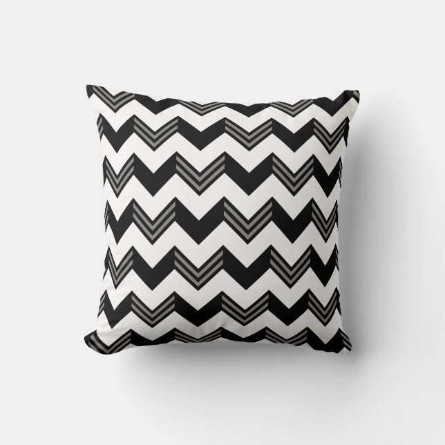 Modern Black, Grey, White Zigzag Chevron Pattern Cushion (Front)