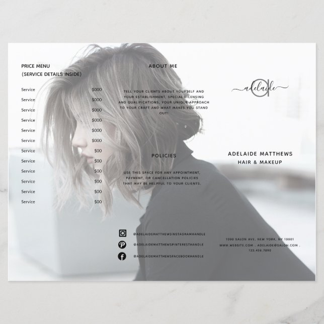 Modern Black Hair Salon Price List Service Menu (Front)