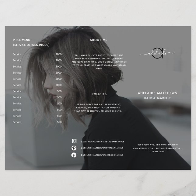 Modern Black Hair Salon Price List Service Menu (Front)