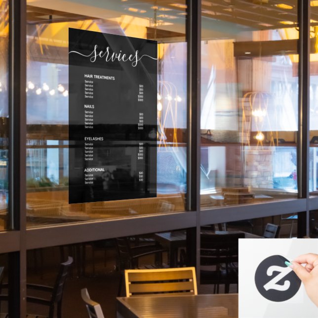 Modern Black Hair Stylist Price List Service Menu Window Cling (Restaurant Window)