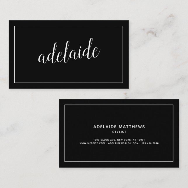 Modern black hair stylist script signature chic business card (Front/Back)