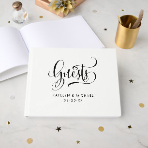Modern Black Handwritten Script Wedding Monogram Guest Book