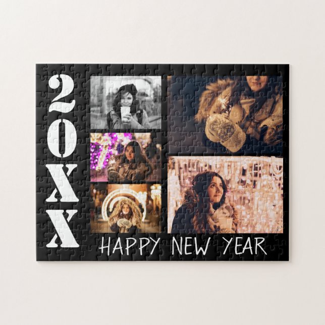 Modern Black Happy New Year 5 Photo Collage Jigsaw Jigsaw Puzzle (Horizontal)
