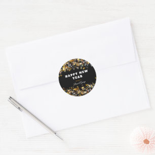 Modern Black Happy New Year Gold Glitter Sparkling Classic Round Sticker
