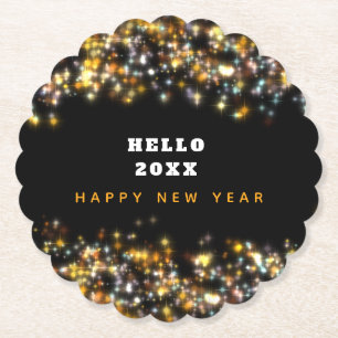 Modern Black Happy New Year Gold Glitter Sparkling Paper Coaster