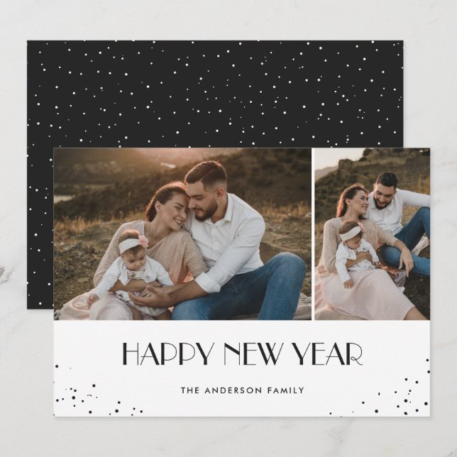 Modern Black Happy New Year Snow 2 Photo Holiday Card (Front/Back)