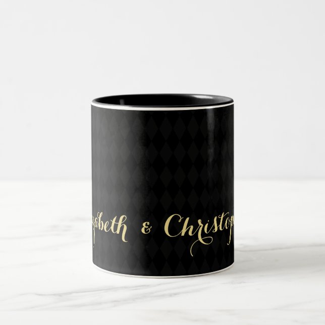 Modern Black Harlequin Elegant Faux Gold Wedding Two-Tone Coffee Mug (Center)