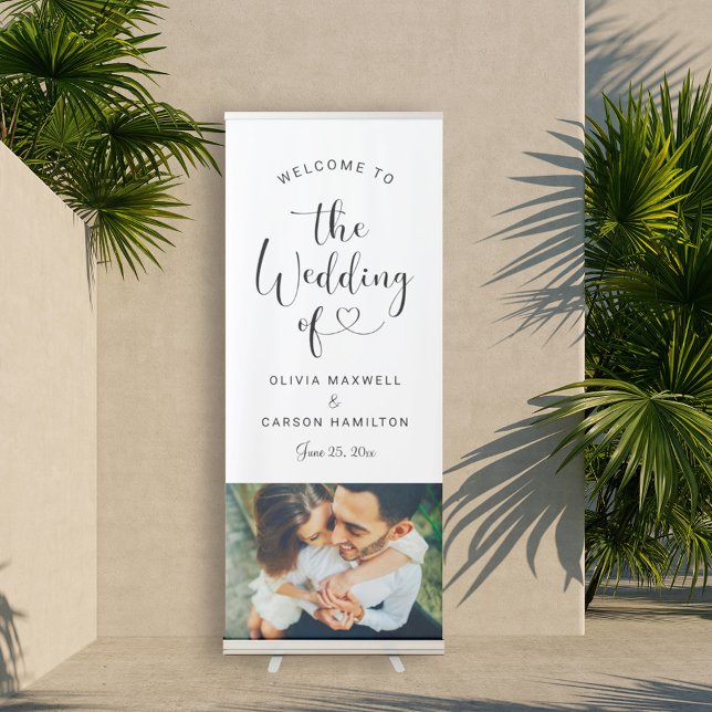 Modern Black Heart Script Wedding Photo Welcome Retractable Banner (Creator Uploaded)