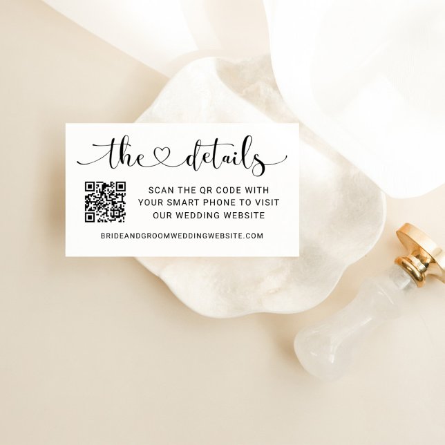 Modern Black Heart Script Wedding QR Code Details Enclosure Card (Creator Uploaded)