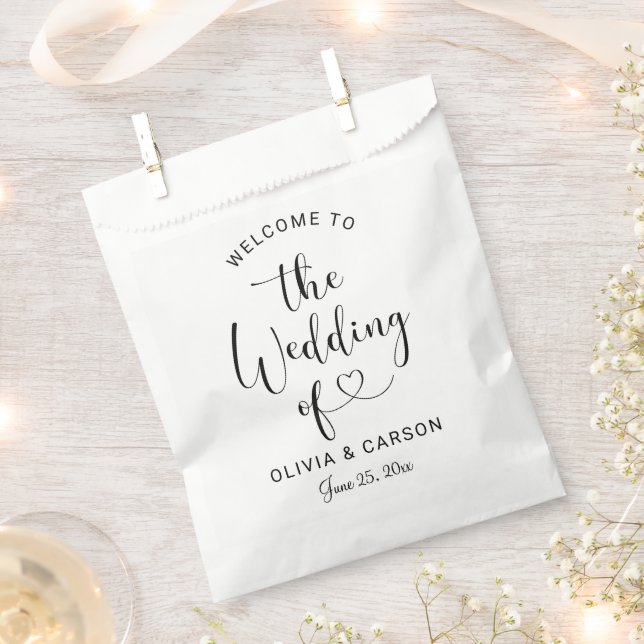 Modern Black Heart Script Wedding Welcome Favour Bags (Clipped)