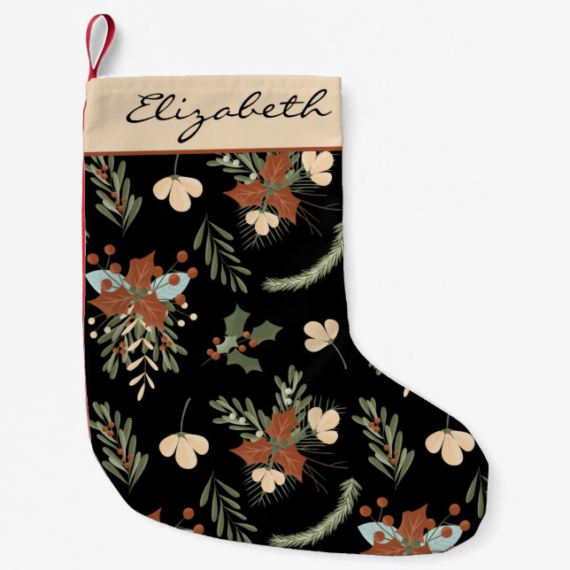 Modern Black Holly Leaves and Berries Personalised Small Christmas Stocking (Front)