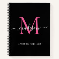 Modern Black Hot Pink Girly Monogram Script Name