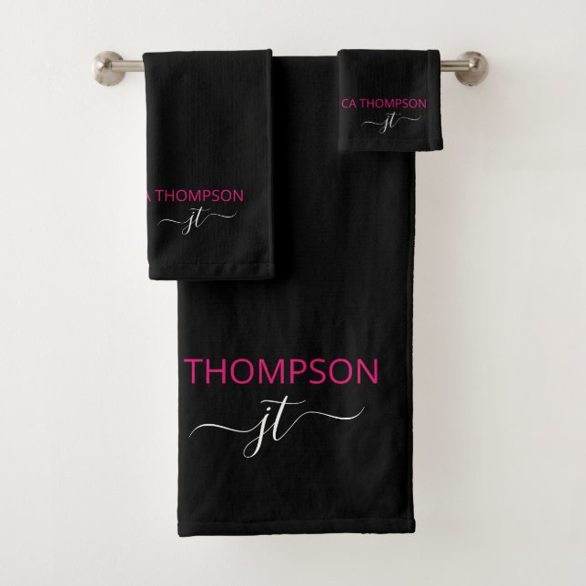 Modern Black Hot Pink Simple Script Monogram Name Bath Towel Set (Insitu)