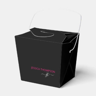Modern Black Hot Pink Simple Script Monogram Name Favour Box