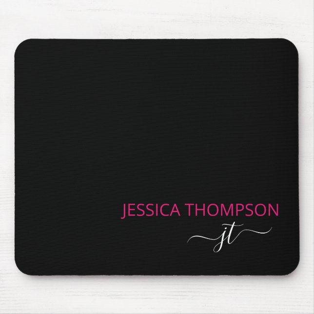 Modern Black Hot Pink Simple Script Monogram Name  Mouse Mat (Front)