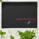 Modern Black Hot Pink Simple Script Monogram Name Tea Towel<br><div class="desc">Customised monogrammed simple script name and initial modern and elegant girly stylish Black and Hot Pink Add Your Name with Girly Grey Initials. This personalised kitchen towel set is perfect for Sweet 16, 1st, 21st, 30th, 40th, 50th, 60th, 70th, Birthday Party, Weddings, Party Favour, Holiday Gift, Quinceanera, Graduation, Bridal Shower,...</div>