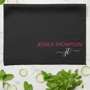 Modern Black Hot Pink Simple Script Monogram Name  Tea Towel