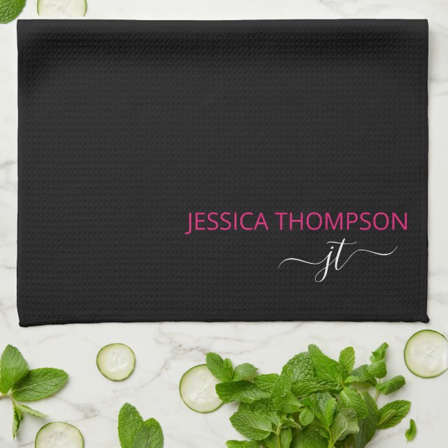Modern Black Hot Pink Simple Script Monogram Name  Tea Towel (Folded)