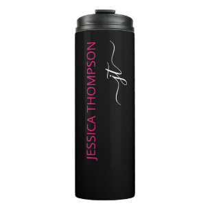 Modern Black Hot Pink Simple Script Monogram Name Thermal Tumbler