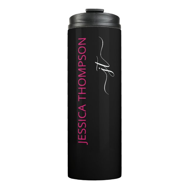 Modern Black Hot Pink Simple Script Monogram Name  Thermal Tumbler (Front)