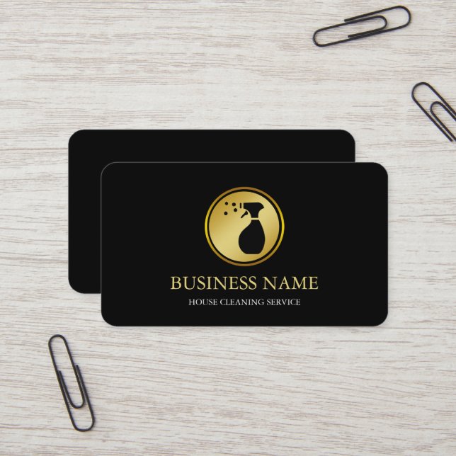 Modern Black House Cleaning Service House Logo Business Card (Front/Back In Situ)