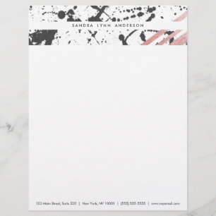Modern Black Ink Splatter Rose Gold Stripes Custom Letterhead