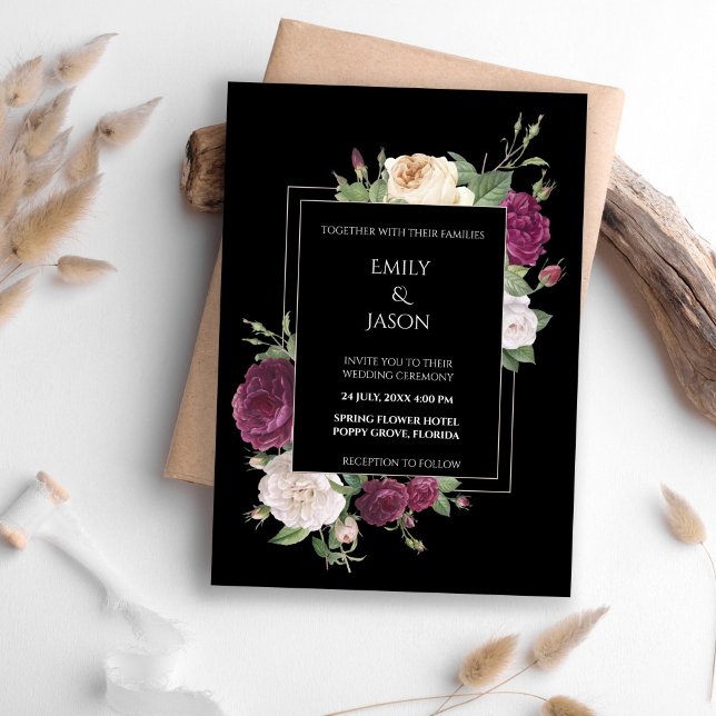 Modern Black Invitation with Burgundy Peonies (Modern Black Invitation with Burgundy Peonies on a boho table.)