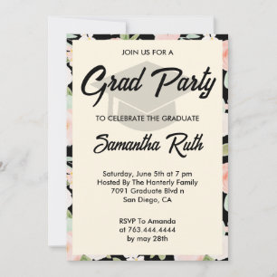 Modern Black Ivory Floral Graduation Party Invitation