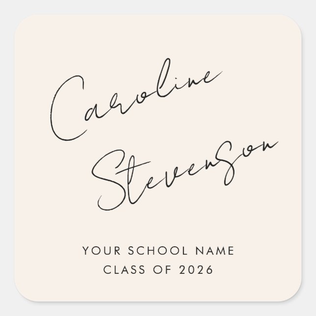 Modern Black Ivory Script Personalised Graduation Square Sticker (Front)