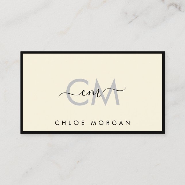 Modern black ivory script signature monogram business card (Front)