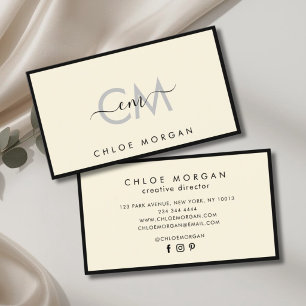 Modern black ivory script signature monogram business card