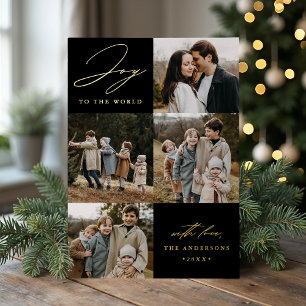 Modern Black Joy to the World 5 Photo Foil Holiday Card