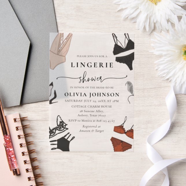 Modern Black Lace Bra Lingerie Bridal Shower Vellum Invitations (Wedding)
