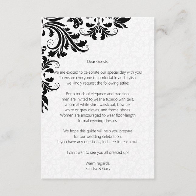 Modern Black Lace White Damask Enclosure Card (Front)