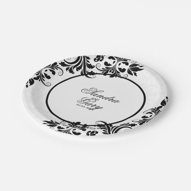 Modern Black Lace White Damask Pattern Paper Plate (Angled)