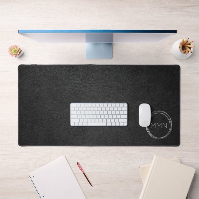 Modern Black Leather Look Monogram Desk Mat (Office 1)