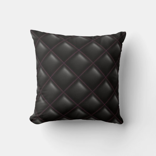 Modern Black Leather Quilted Geometric Pattern Cushion (Front)