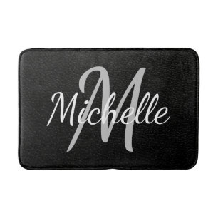 Modern Black leather Typography & Name Monogram Bath Mat
