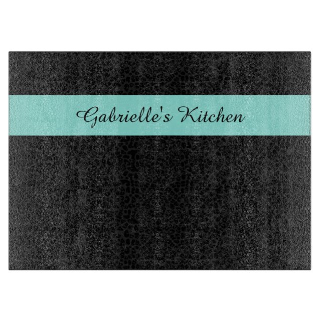 Modern Black Leopard Print Aqua Stripe With Name Cutting Board (Front)