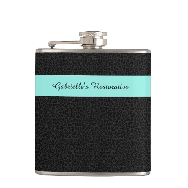 Modern Black Leopard Print Aqua Stripe With Name Hip Flask (Front)
