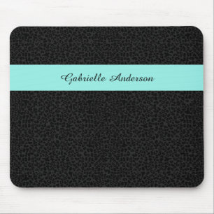 Modern Black Leopard Print Aqua Stripe With Name Mouse Mat
