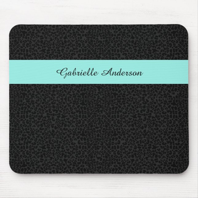 Modern Black Leopard Print Aqua Stripe With Name Mouse Mat (Front)