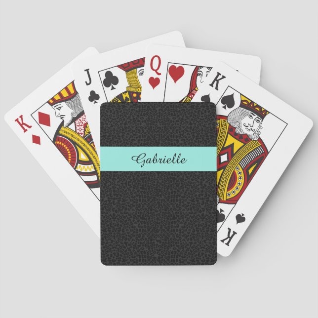 Modern Black Leopard Print Aqua Stripe With Name Playing Cards (Back)