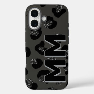 Modern Black Leopard Print Dark Shadow Monogram  iPhone 16 Case