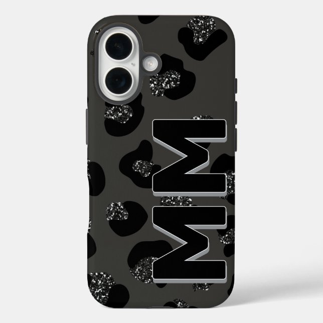 Modern Black Leopard Print Dark Shadow Monogram  Case-Mate iPhone Case (Back)