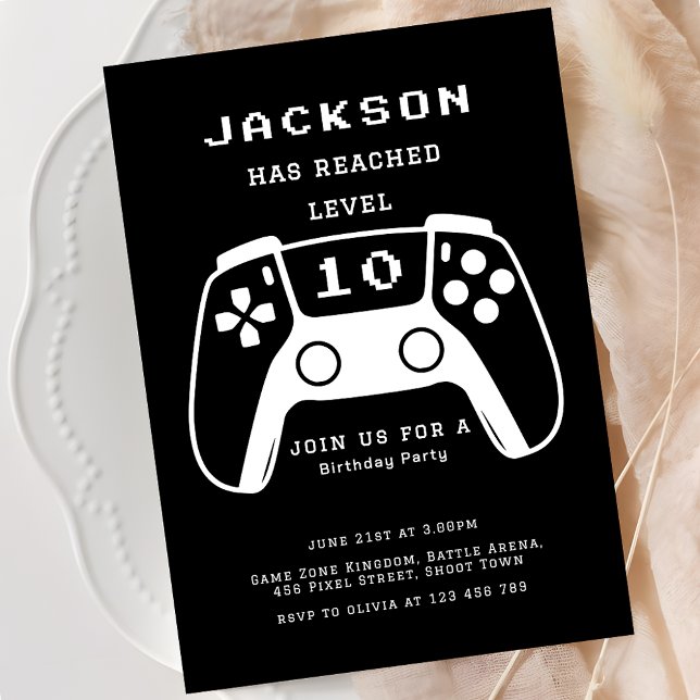 Modern Black Level Up Gamer Kids Birthday Party Invitation (Creator Uploaded)