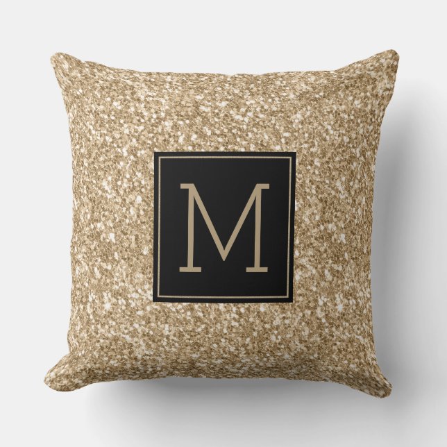 Modern Black & Light Gold Glitter Texture Monogram Cushion (Front)