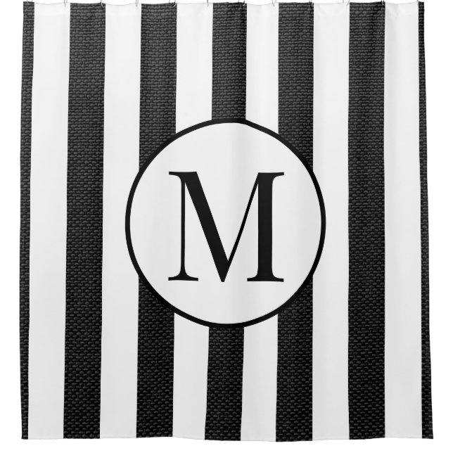 Modern Black Linen White Stripes Elegant Monogram Shower Curtain (Front)