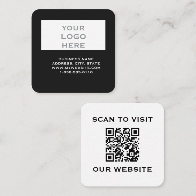 Modern Black Logo QR Code Scan Website Square Busi Business Card (Front/Back)