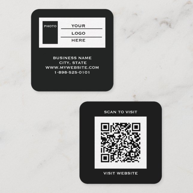 Modern Black Logo QR Code Scan Website Square  Business Card (Front/Back)